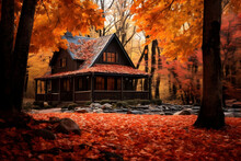 A Cozy Wooden House Nestled In A Vibrant Autumn Forest, Surrounded By A Blanket Of Red, Orange, And Yellow Leaves
