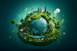 A vibrant, lush green Earth, surrounded by a halo of environment icons, representing the sustainable development goals