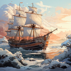 Sticker - Frigate sailing on the sea under the snow cold 
