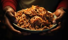 Plate Of Spaghetti And Two Different Hands Holding It In Each Side . Generative AI