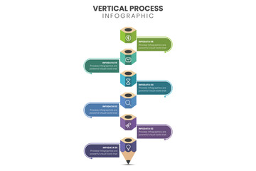 Vertical timeline infographics template with six arrows with place dates and text, vector illustration