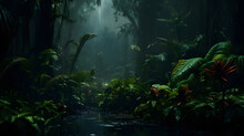 Dark Tropical Forest In The Rain Large Exotic Plants