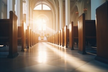 Interior of a church with sunlight shining through the windows. filtered image