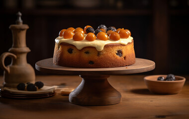 Wall Mural - Simnel cake is a fruitcake  with layers of almond paste or marzipan, typically one in the middle and one on top, and a set of eleven balls made of the same paste