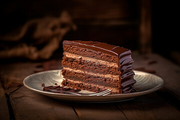 Wall Mural - Slice of chocolate cake served with strawberry on a plate