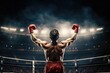 This photograph captures a boxer celebrating victory, raising his hands up in the air, as viewed from the back. His victory is a remarkable moment.

 Generative AI