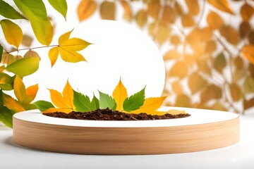 Round wooden podium on blurred leaf white background blank frame