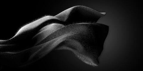 Wall Mural - Black soft fur fabric design element. 3d rendering fuzz cloth material flying in the wind. Waving fur cloth isolated on black background