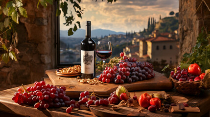 Wall Mural - Red Wine Bottle with glass and grapes on Wooden Table in Tuscany, italy