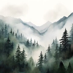 Wall Mural - Christmas trees in the forest surrounded by fog. Festive atmosphere on the mountain.