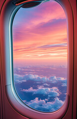 Wall Mural - Clouds and sky as seen through window of an aircraft at sunset. created by generative AI technology.