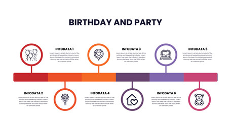 birthday rocket, wedding flowers, wedding letter, love house, honeymoon, teddy bear outline icons. infographic template.
