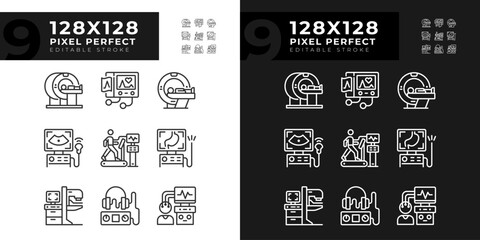 Wall Mural - Health care technology pixel perfect linear icons set for dark, light mode. Medical innovation. Healthcare industry. Thin line symbols for night, day theme. Isolated illustrations. Editable stroke