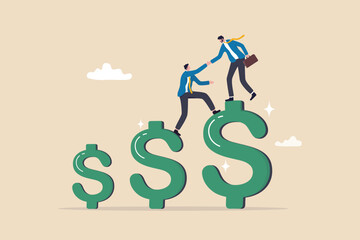 Increase profit, financial advisor help increase earning, income or revenue, growing wealth, profit growth or funding support, improvement or challenge concept, businessman help climb up dollar sign.