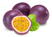 Fresh Passion Fruit With Green Leaves  Isolated On White Background. Exotic Fruit. Clipping Path