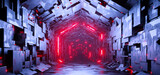Sci-fi hexagonal empty tunnel with glowing red neon hexagon sign background