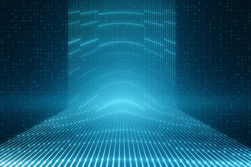 Poster - creative futuristic blue neon room interior. tunnel or corridor, glowing panels, fashion podium, per