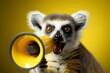 Funny lemur commands attention with a yellow speaker, marketing success