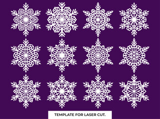 Poster - Set of snowflakes. Laser cut pattern for christmas paper cards, design elements, scrapbooking. Vector illustration.	