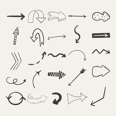 Wall Mural - Set arrow pointer ink lines, textured shapes hand drawn decorative elements in doodle style isolated. Sketch direction icons.