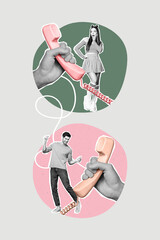 Wall Mural - Vertical creative composite photo collage of attractive people talking on landline phone guy inviting on date isolated colorful background