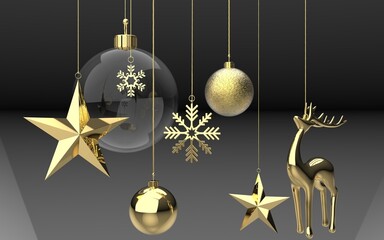 Wall Mural - golden christmas tree balls, snowflakes, stars and a deer christmas tree hanging on golden strings d