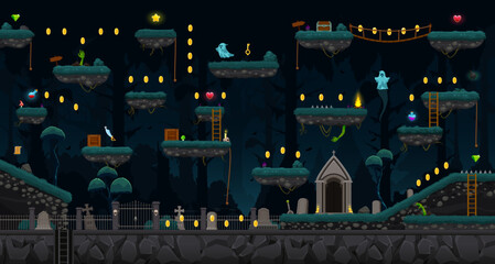 Arcade Halloween night cemetery game level map interface with platforms and ghosts, vector background. Halloween arcade game stairs and coins, tomb stones and grave with ladders and jump platforms