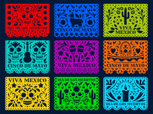 Mexican Paper Cut Holiday Flags. Cinco De Mayo, Dia De Los Muertos, Viva Mexico Papel Picado Isolated Vector Laser Cutting Templates. Traditional Decor With Floral Pattern, Skulls, Cacti, Pinata