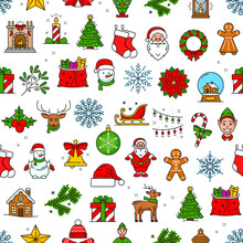 Christmas Line Seamless Pattern. Vector Tile Background With Santa, Wreath, Snowflake, Bell And Gingerbread. Tree, Pine Branch, Sack Of Gifts, Gnome, Fireplace Or Lantern, Elf, Snowman, Deer And Star