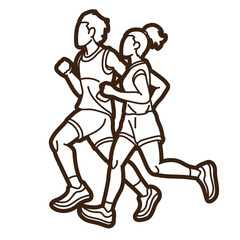 Sticker - Group of People Running Together Man and Woman Runner Marathon Cartoon Sport Graphic Vector