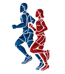 Sticker - Group of People Running Together Man and Woman Runner Marathon Cartoon Sport Graphic Vector