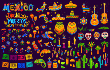 Wall Mural - Mexican holiday and festival objects. Sombrero and guitars, maracas and toucans, parrots and feathers, cactus and candles, tex mex food, calavera sugar skulls and palms, papel picado flags and tequila