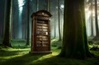 Enchanted forest library with tree trunk bookshelves and hidden reading nooks
