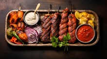 A Gourmet Kebab Platter With A Variety Of Meats And Dips, Resting On A Vintage-style Metal Tray, Against A Textured Brick Backdrop, Allowing Ample Space For Text. AI Generated.