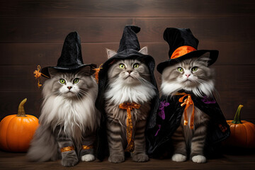 Wall Mural - Magical Halloween Cats in Witchy Hats - Enchanting Pet Costume Group