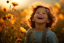 A Young Child Stands Amidst Wildflowers, Sunlight Streaming Down, Their Laughter Echoing Pure Joy And The Essence Of A Carefree Moment