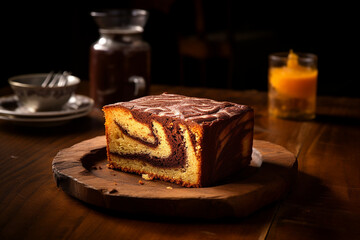 Wall Mural - slice of marble cake served on a wooden plate