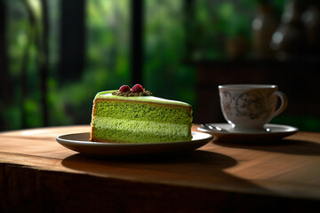 Slice of Matcha or green tea cake served on a plate