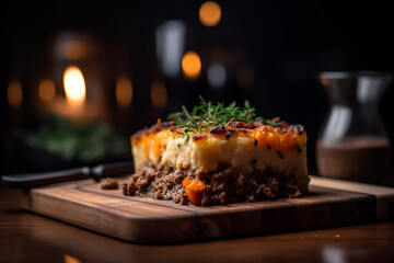 Wall Mural - slice of a Shepherd's pie on a wooden plate , a savory dish of cooked minced meat topped with mashed potato and baked