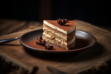 Wall Mural - Slice of tiramisu cake served on a plate 