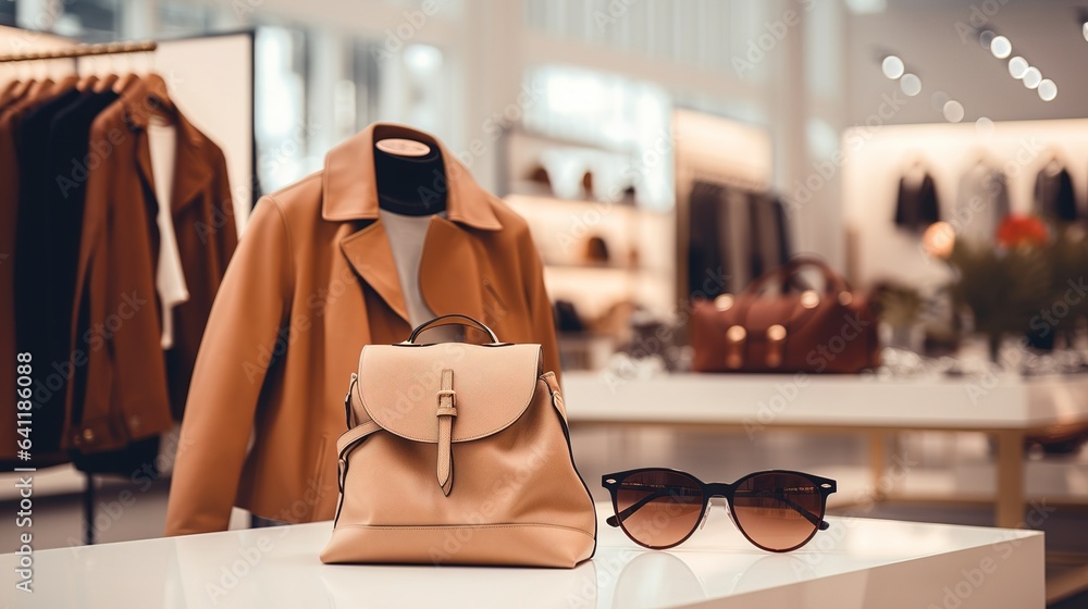 Women clothing and accessories luxury fashion store interior Stock
