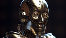 Portrait Of A Metal Robot On A Dark Background