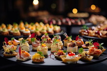 Buffet Food, Catering Food Party At Restaurant, Mini Canapes, Snacks And Appetizers