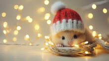 Cute Hamster In Santa Hat Sleeping On White Sheet, Christmas Blurred Background