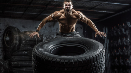 Wall Mural - A shirtless man flipping a heavy tire at the gym