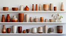 Various Clay Vases Placed On Shelf Against White Background