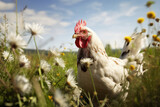 Fototapeta Zwierzęta - Chicken grazing in the meadow