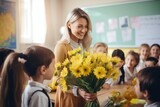 Fototapeta  - Female teacher received beautiful bouquet in her classroom