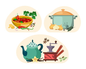 Wall Mural - Served meals with various seasonings vector illustration. Pepper soup, cooking pot with garlic, teapot with cinnamon and spice grinder. Herbs and spices, cuisine, food concept