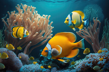 Wall Mural - Animals of the underwater sea world. Ecosystem. Colorful tropical fish. Life in the coral reef. (ai generated)